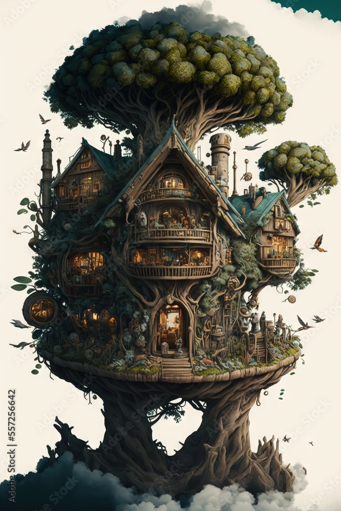 Poster a tree house with a lot of windows and lots of trees on top of it. generative ai