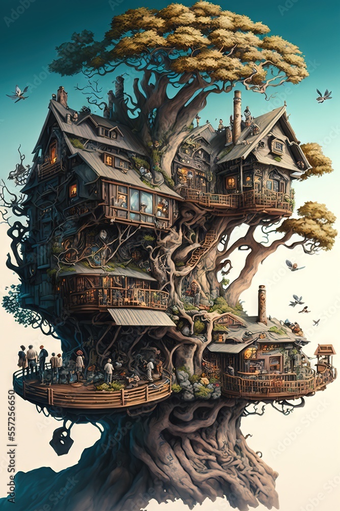 Poster a tree house with a lot of people inside of it and a tree in the middle of the house. generative ai