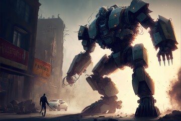  a giant robot standing in the middle of a city street next to a man walking by it's side. Generative AI