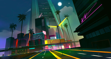 painted cityscape. Night city in cyberpunk style