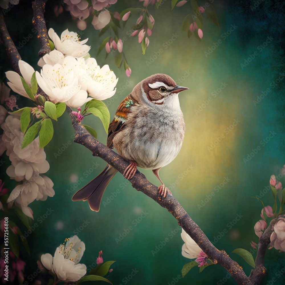 Poster a bird sitting on a branch with flowers in the background and a green background behind it. generati