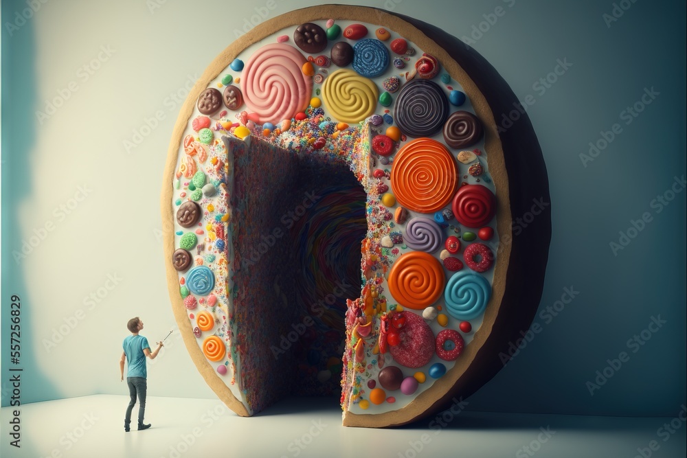 Poster a man standing in front of a giant cake with candy toppings on it's side and a giant hole in the mid