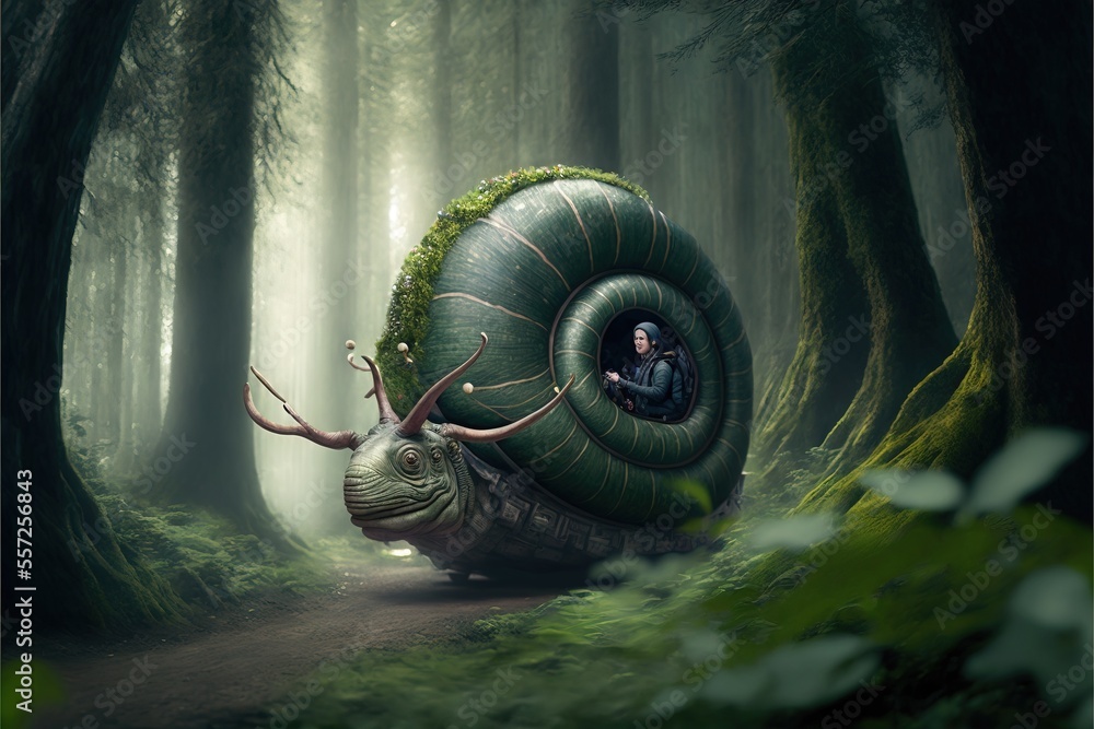 Poster a snail with a man in the middle of it's shell in a forest with trees and grass. generative ai