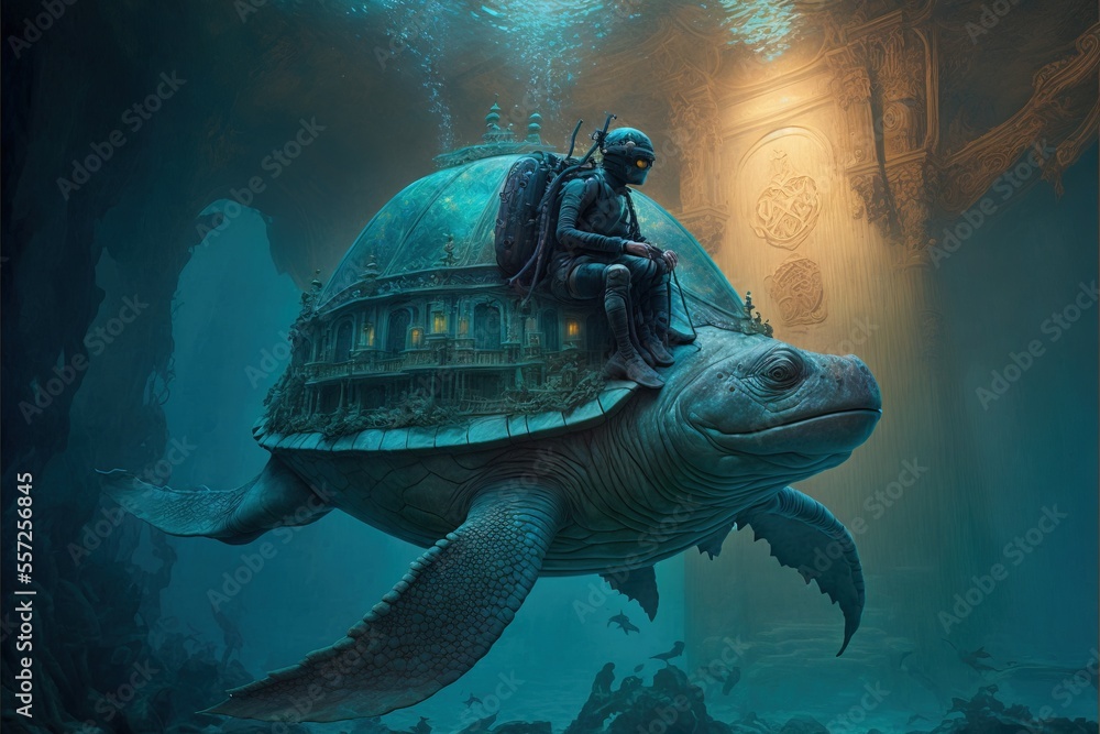 Poster a man riding on top of a turtle under water in a cave with a building on top of it. generative ai