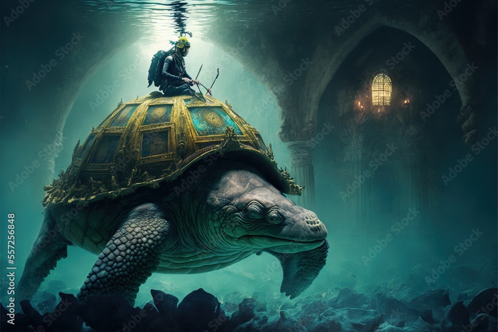 Aufkleber a man sitting on top of a turtle in a cave with a light shining on it's head. generative ai