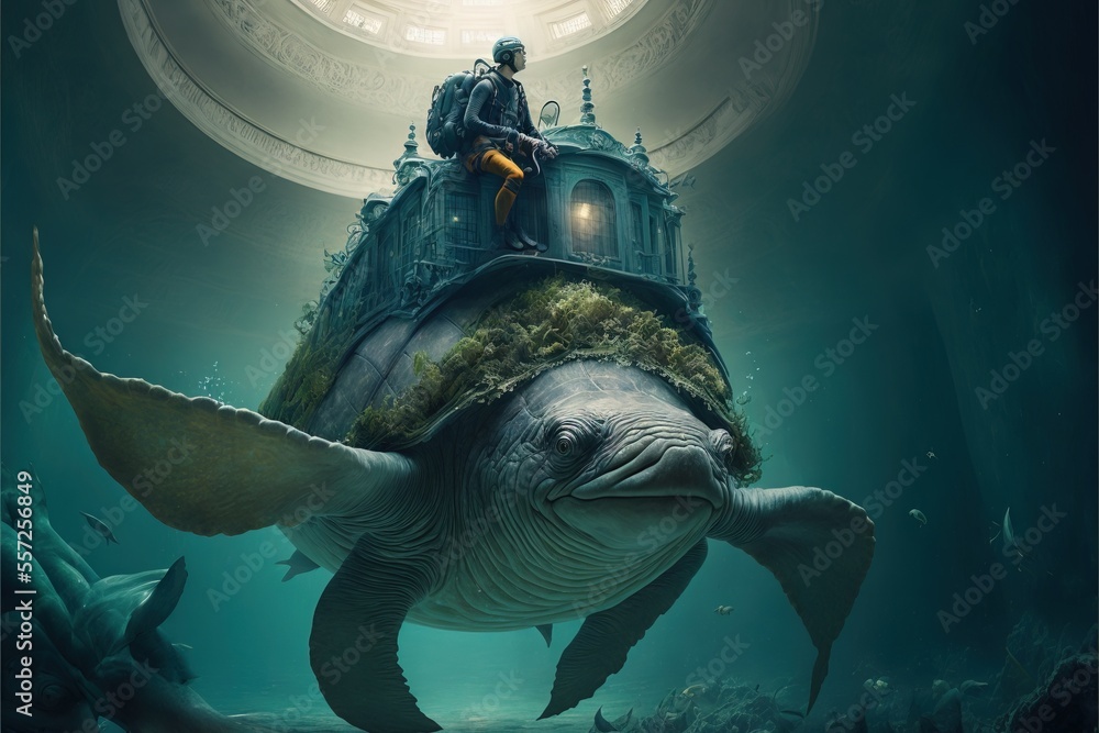 Poster a man sitting on top of a turtle in a underwater scene with a man sitting on top of it. generative a