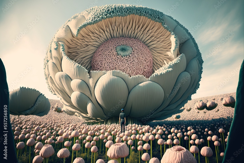 Poster a large flower field with a giant flower in the middle of it and a person standing in the middle of 