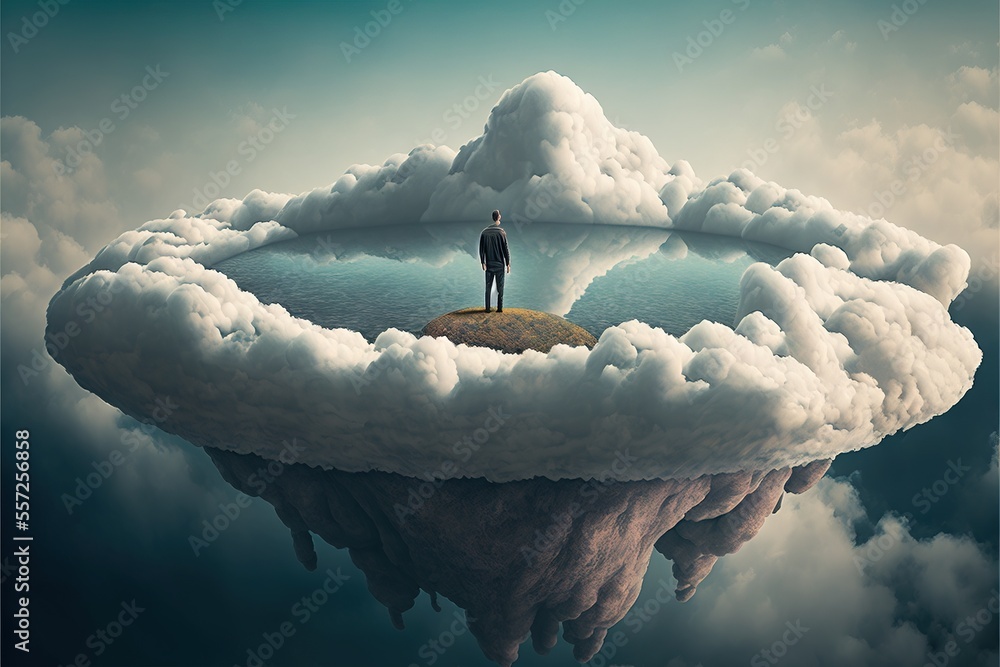 Poster a man standing on a small island in the middle of clouds with a sky background and a sky background.