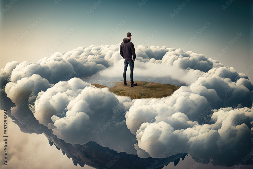 Poster a man standing on a small island surrounded by clouds in the sky with a sky background that looks li