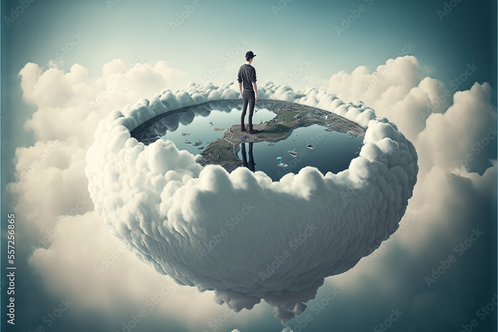 Poster a man standing on top of a floating island in the sky with clouds around him and a body of water bel