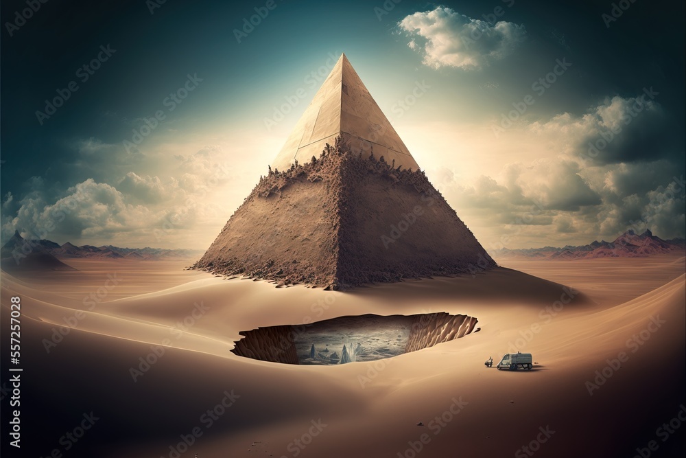 Poster a large pyramid in the desert with a truck in the foreground and a truck in the background with a sk