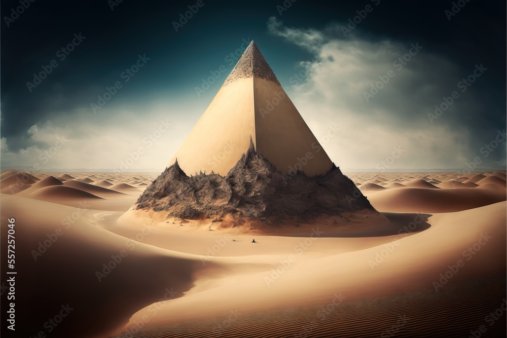 Poster a pyramid in the desert with a sky background and clouds above it. generative ai