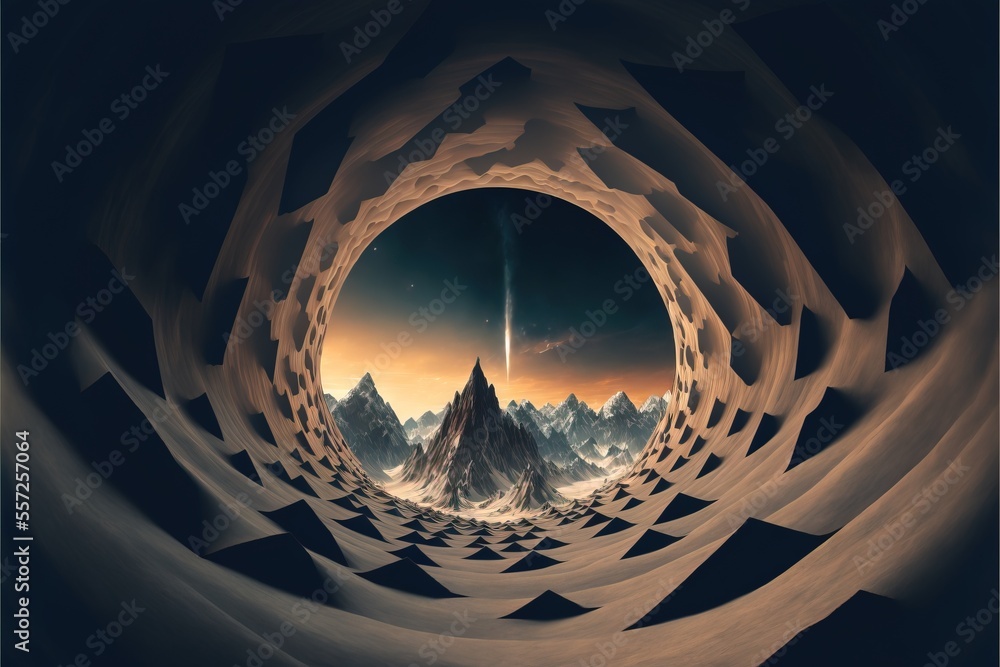 Poster a computer generated image of a mountain landscape with a sky background and a distant object in the