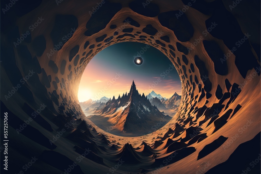 Poster a painting of a mountain landscape with a moon in the sky and a mountain range in the distance with 
