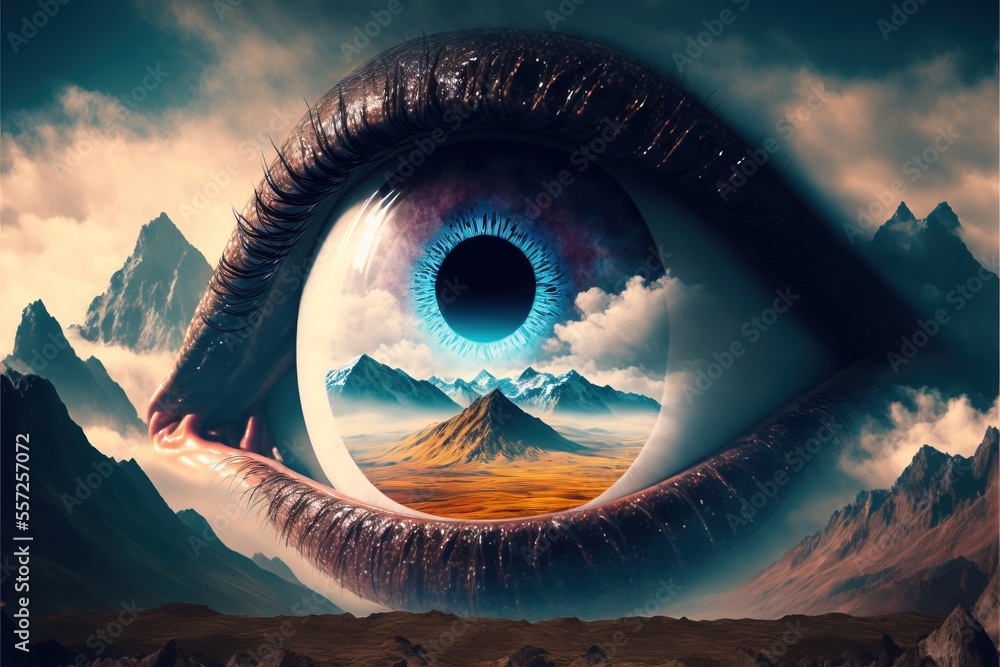 Poster a painting of a large eye with mountains in the background and a mountain range in the background wi