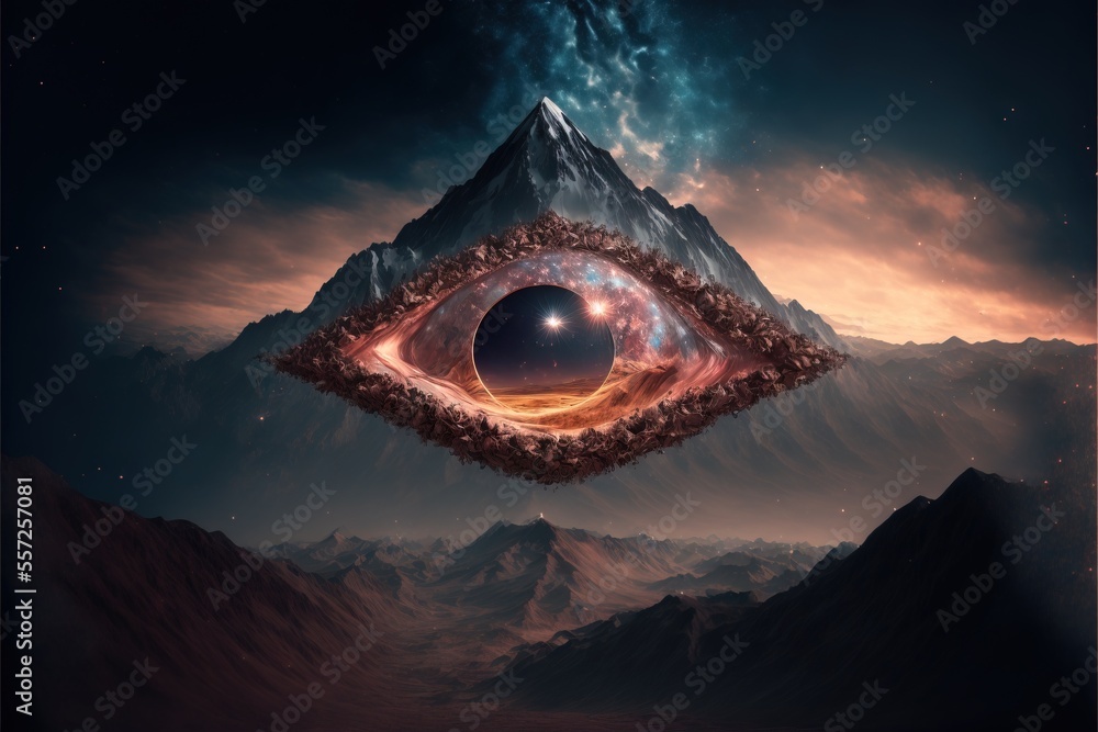 Poster a surreal image of a mountain with a large eye in the center of it's image. generative ai