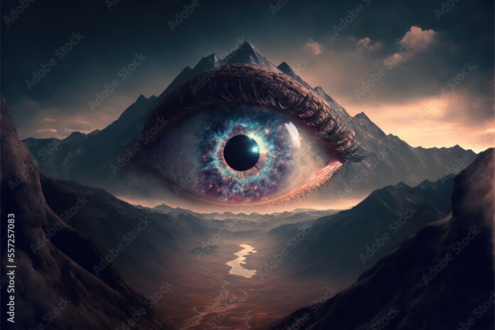Poster a surreal image of an eye with a mountain in the background and a river running through it in the fo