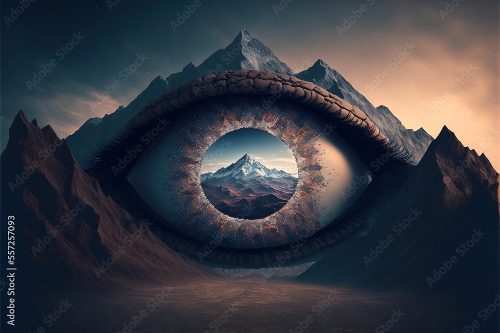 Poster a large eyeball with a mountain in the background and a sky in the middle of it. generative ai