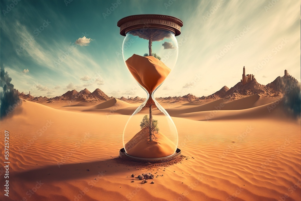 Poster  a sand clock in the middle of a desert with a sky background and clouds in the background. Generative AI