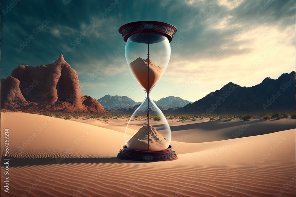 Poster a sand clock sitting in the middle of a desert with mountains in the background and a sky filled wit