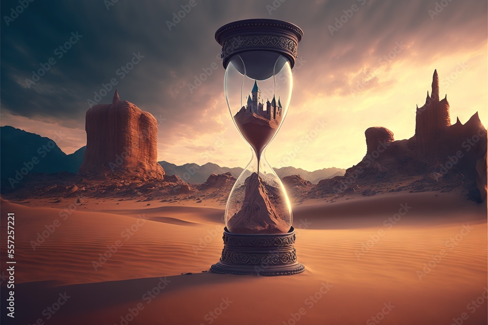 Poster a sand clock in the desert with a castle in the sand behind it and a sunset in the background. gener