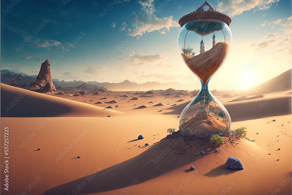 Poster a sand clock in the middle of a desert with a sky background and clouds above it. generative ai