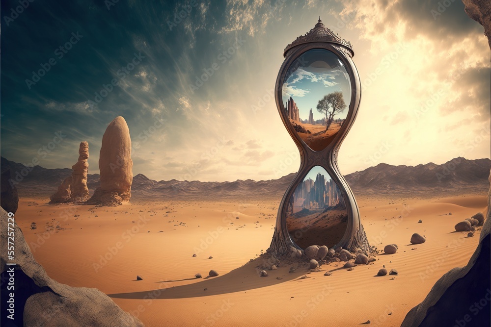Poster a surreal scene with a tree in a hourglass in the desert with rocks and a sky background with clouds