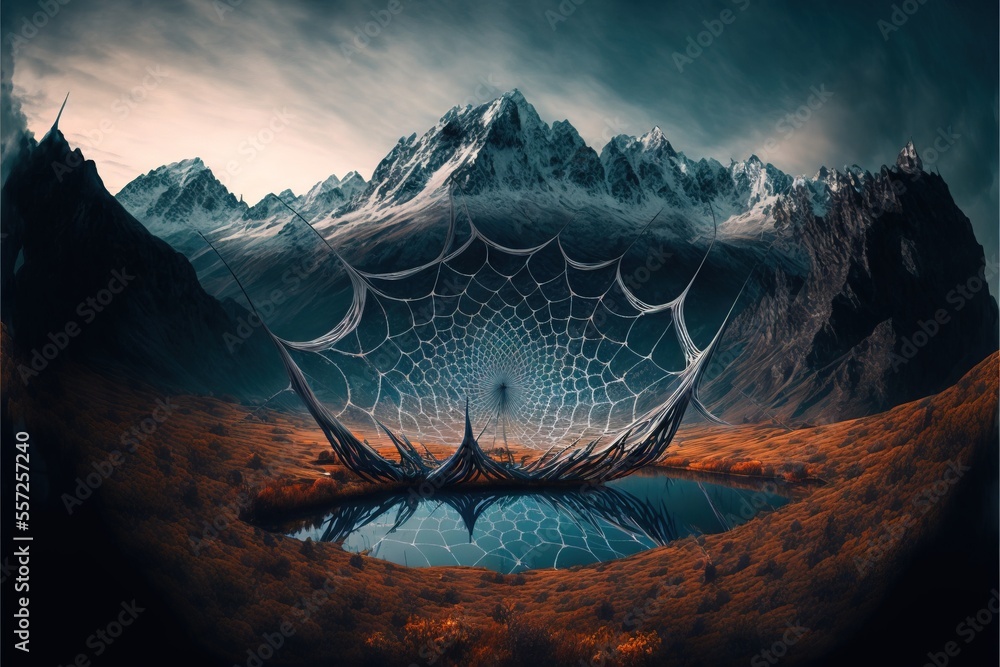 Poster a painting of a mountain range with a spider web in the middle of it and a lake in the middle. gener