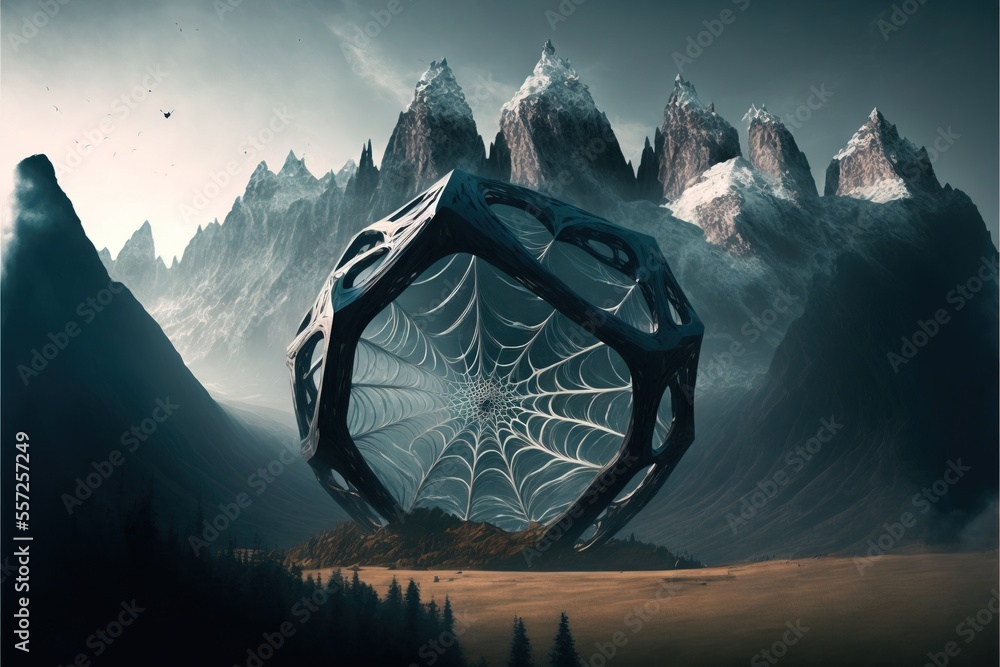 Poster a spider web webs through the middle of a mountain landscape with a mountain range in the background