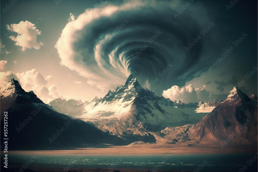 Poster  a very large storm moving over a mountain range in the sky with a huge spiral of clouds above it. Generative AI