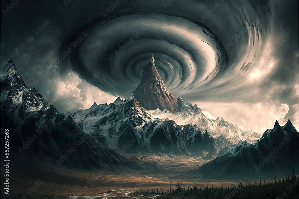Aufkleber a mountain with a spiral like structure in the middle of it and a river running through it in front 
