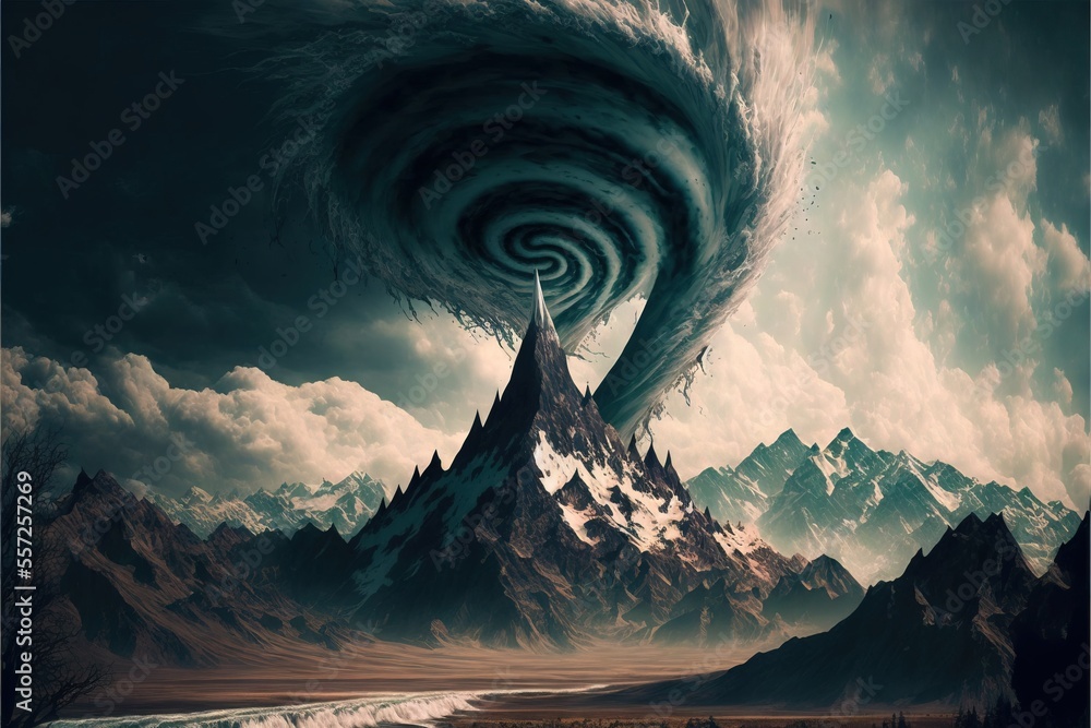Poster a painting of a mountain with a giant wave coming out of it's center and a man standing on a beach i