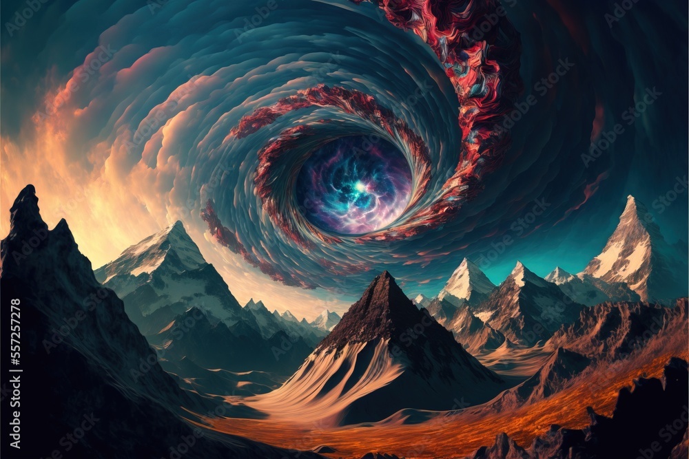 Poster a painting of a vortex over a mountain range with a sky background and a red swirl in the center. ge