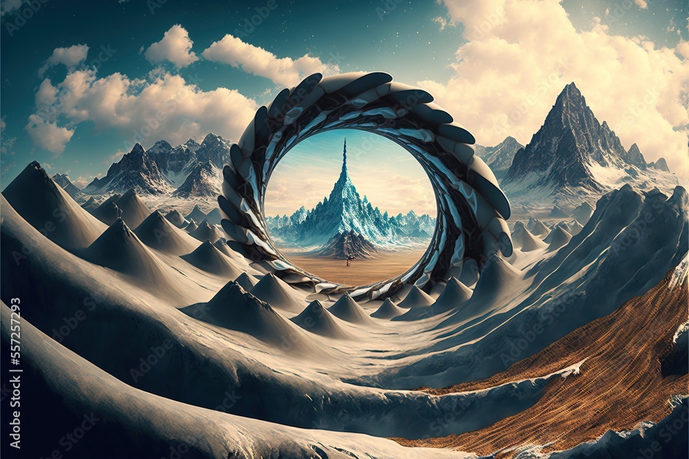 Poster a painting of a mountain landscape with a sky background and a large circular window in the center o