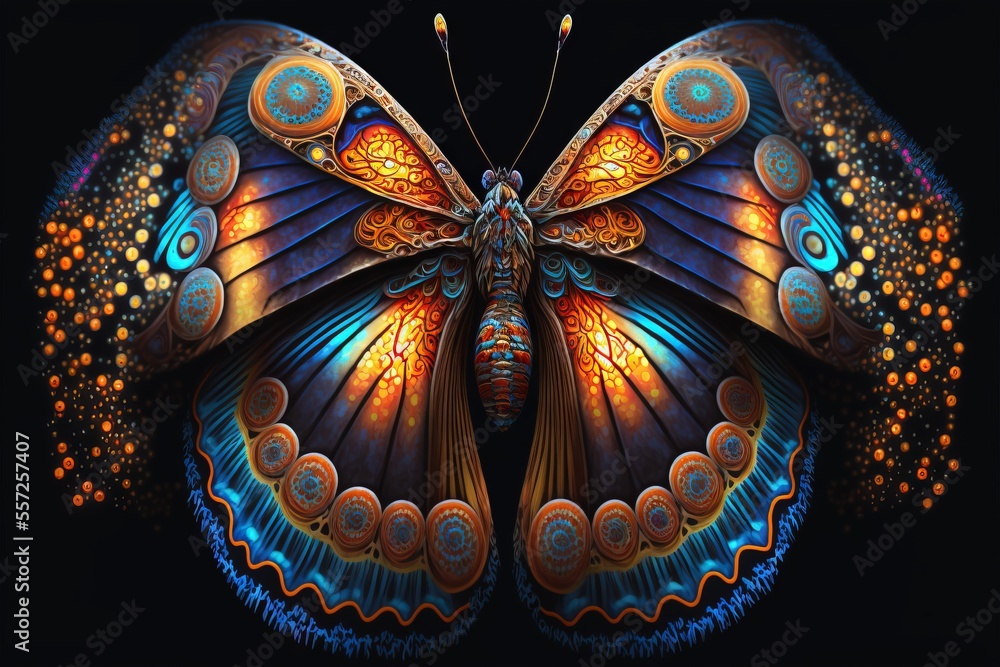 Poster a butterfly with a colorful pattern on its wings and wings. generative ai