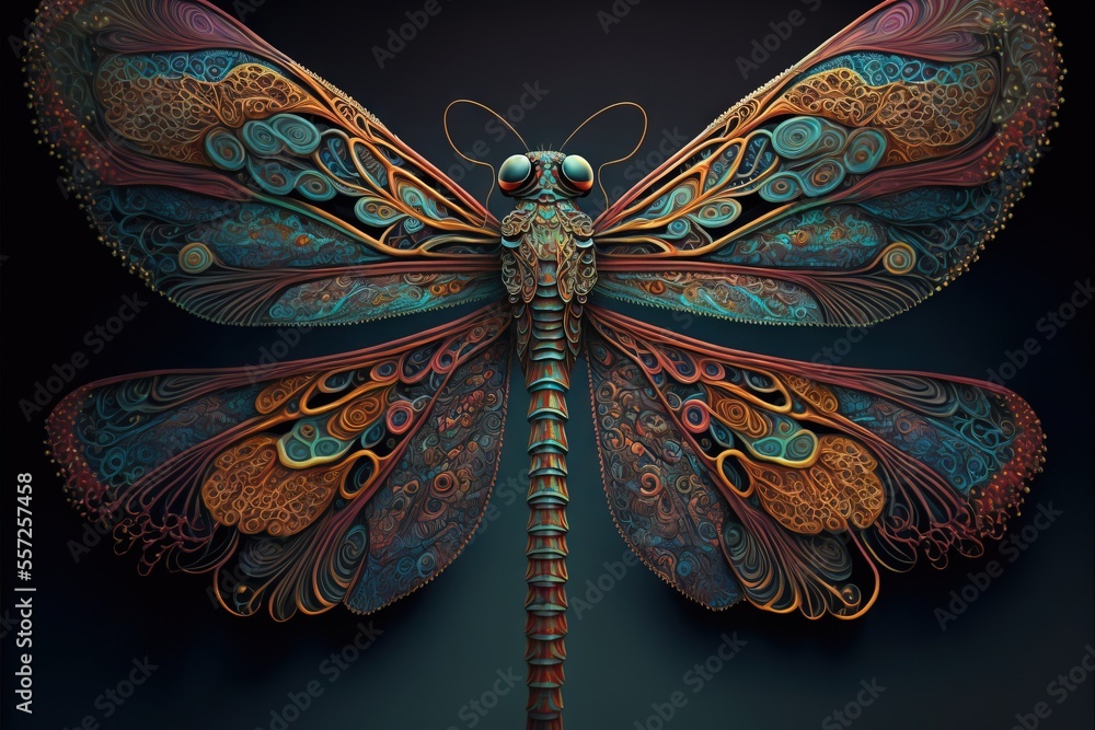 Poster a colorful dragonfly with intricate wings and intricate patterns on its wings. generative ai