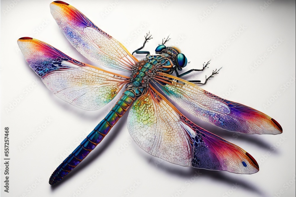 Poster a dragonfly with multicolored wings and a black head on a white background with a shadow of a tree. 