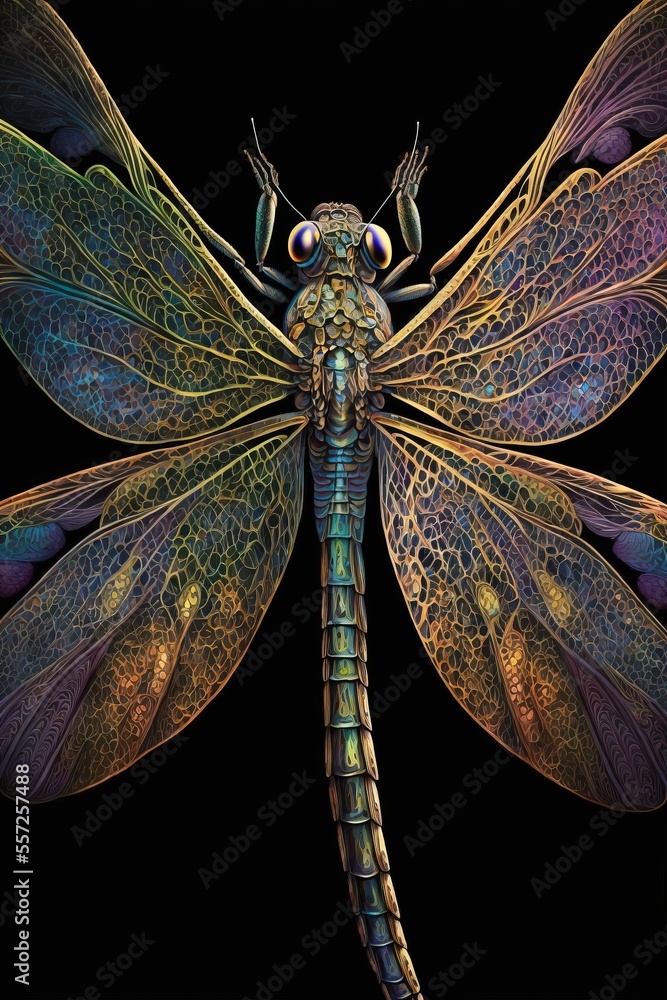 Poster a colorful dragonfly with large wings and large eyes on a black background with a black background a