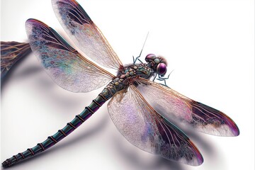  a dragon flys across a white background with a blue tail and purple wings. Generative AI - obrazy, fototapety, plakaty