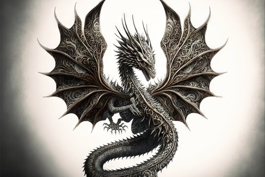  A Black Dragon With Intricate Wings And A Tail Is Shown In This Artistic Drawing By Artist Mark Taylor.