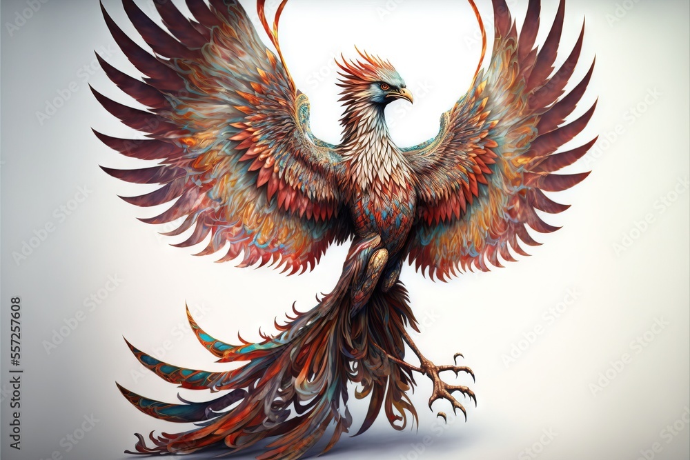 Poster a bird with a long tail and a large tail is painted with multicolored feathers and has a white backg