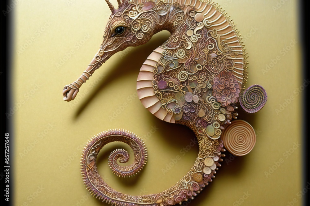 Poster a sea horse made of paper and buttons on a wall with a spiral design on it's back. generative ai