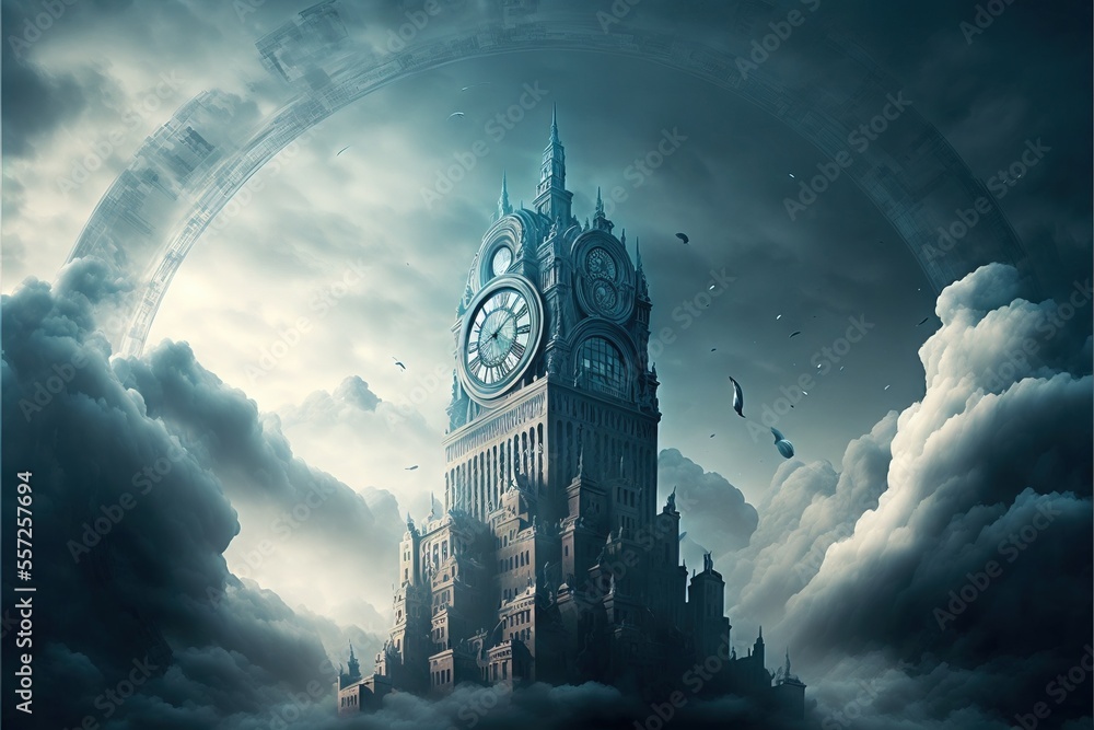 Aufkleber a clock tower in the middle of a cloudy sky with a bird flying around it and a bird flying above it.