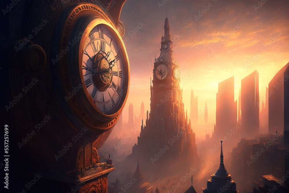 Poster a clock tower in a city with a sunset in the background and fog in the foreground. generative ai