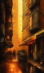 Obraz na płótnie Canvas Evening street between skyscrapers, a modern city. Illustration
