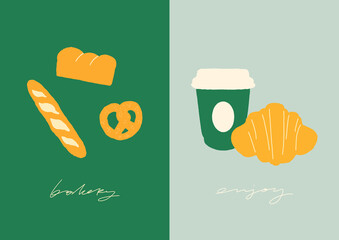 Bakery hand drawn illustrated cards. Flat vector bakery products, baguette, bread, pretzel. Coffee paper cup and croissant. Set of cafe food elements