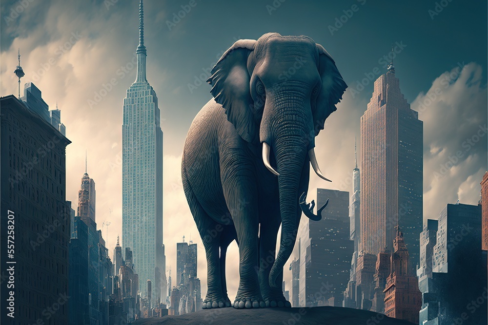 Poster an elephant standing on top of a city with tall buildings in the background and a cloudy sky above i