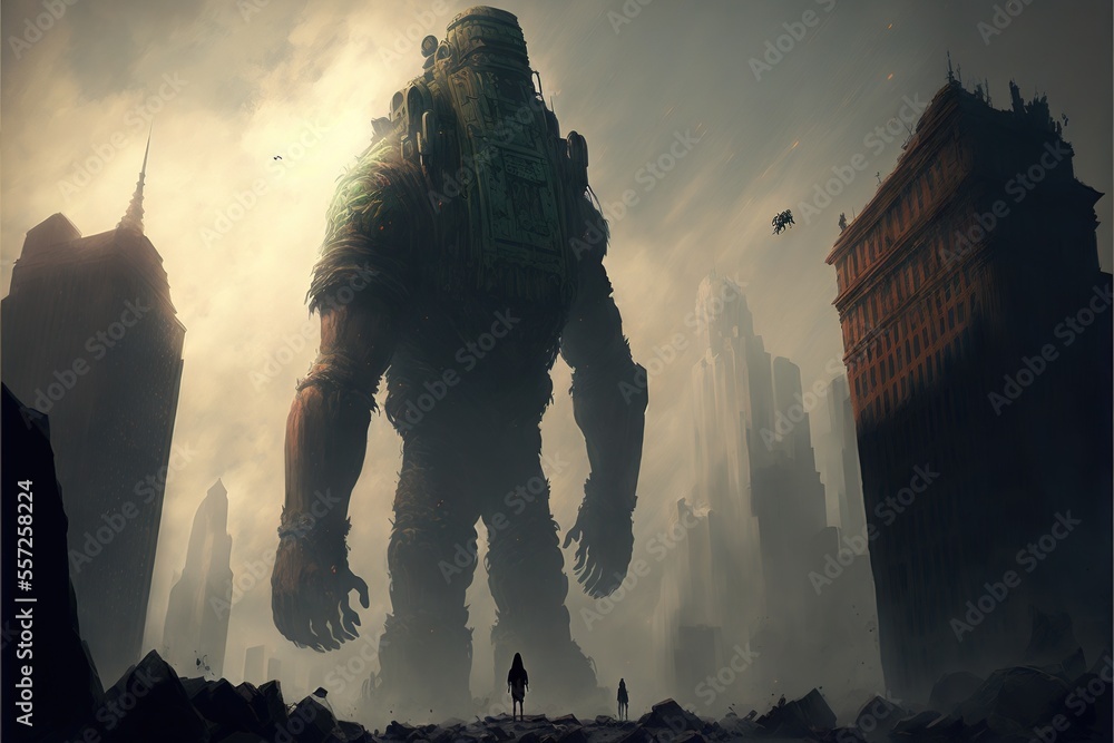 Poster a giant robot standing in a city with a man standing next to it in the foreground of the picture. ge