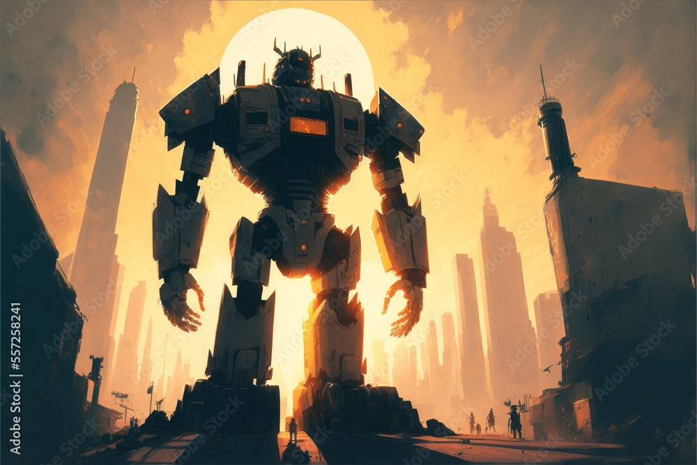 Aufkleber a robot standing in a city at sunset with a giant robot in the foreground and a city in the backgrou