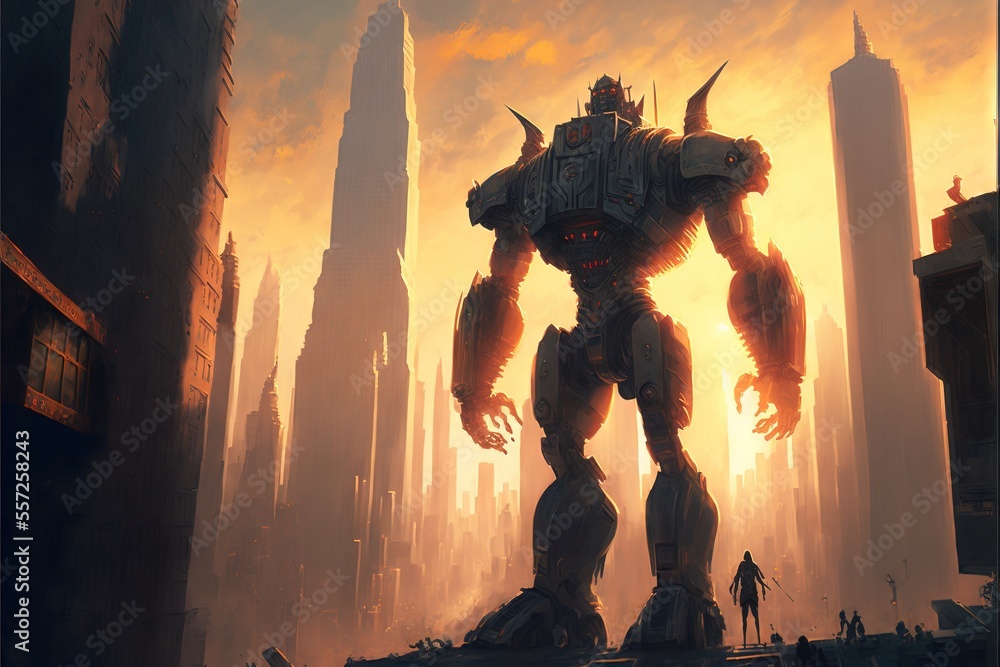 Poster a giant robot standing in a city at sunset with a man walking by it in front of a tall building. gen